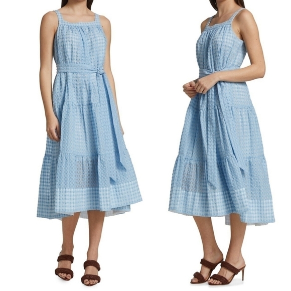 New Tanya Taylor Savannah Crinkled Gingham Oxford Blue Midi Dress NWT XS - Picture 4 of 16